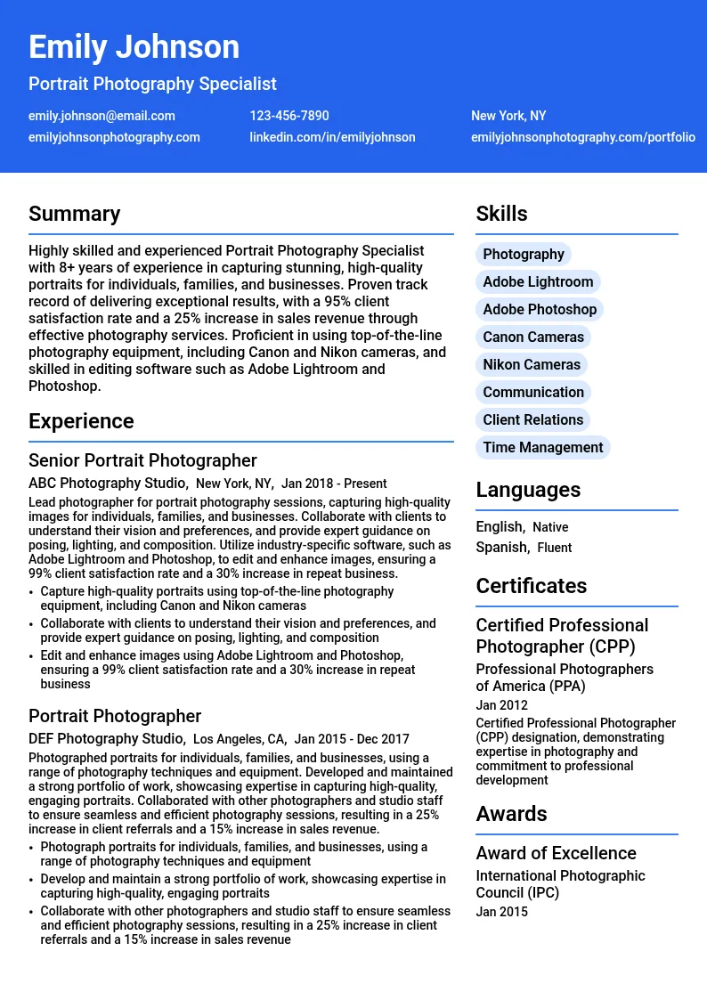 Portrait Photography Specialist resume example