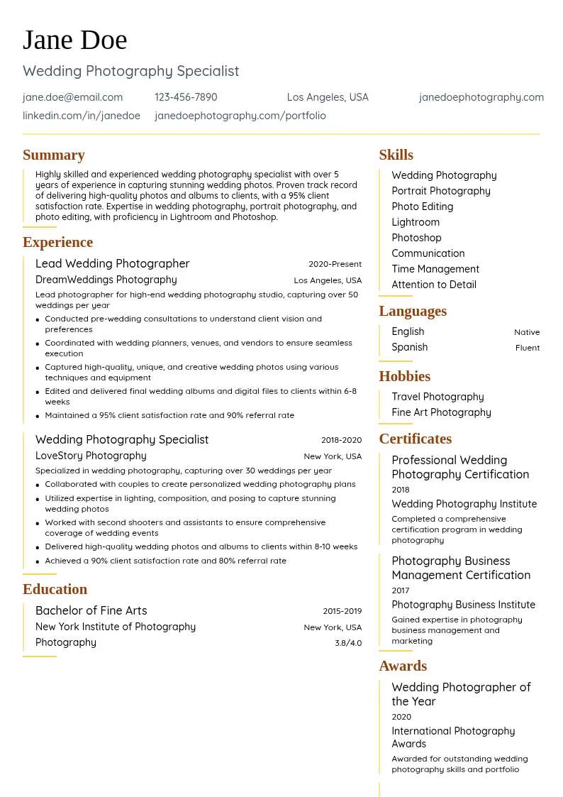 Wedding Photography Specialist resume example