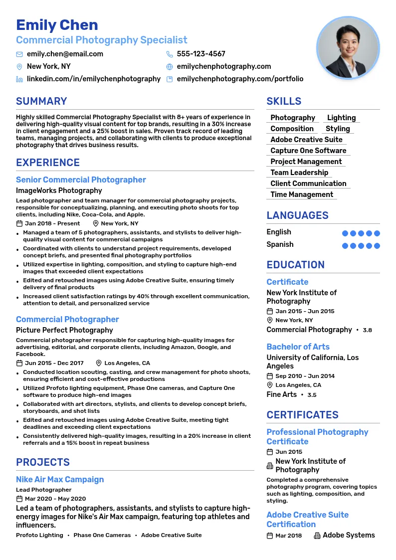 Commercial Photography Specialist resume example