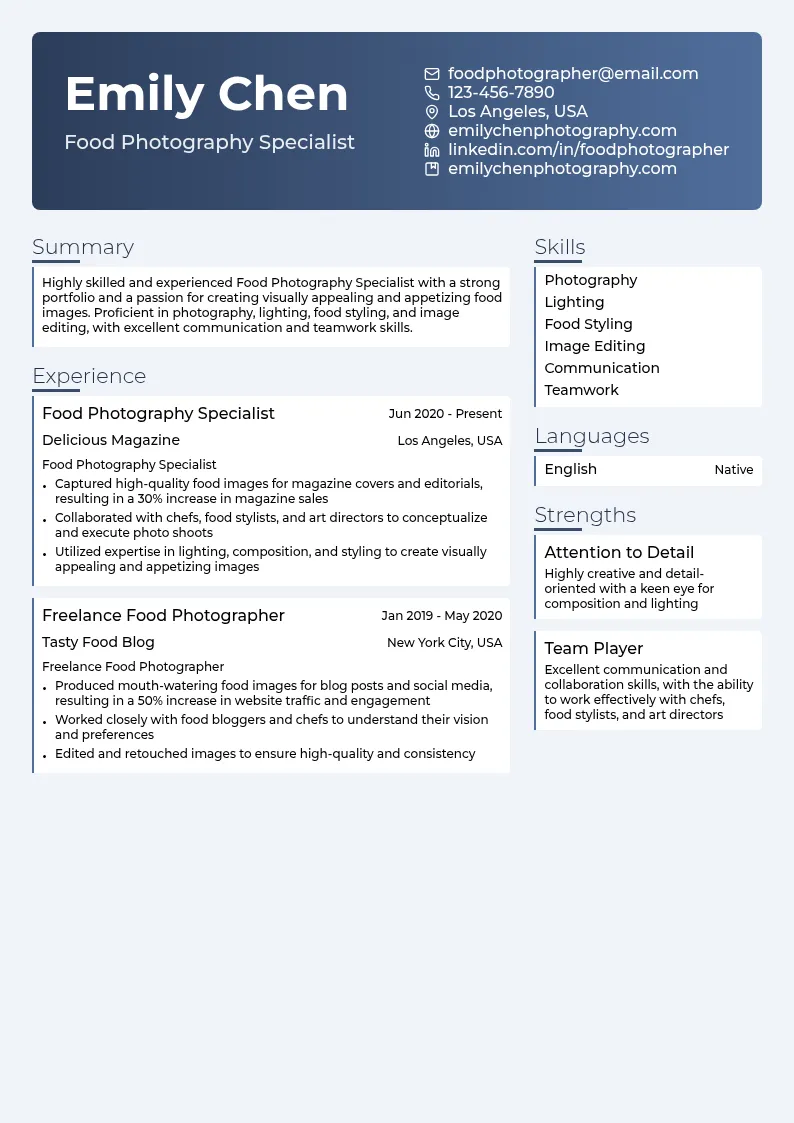 Food Photography Specialist resume example