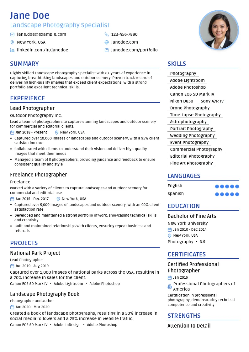 Landscape Photography Specialist resume example