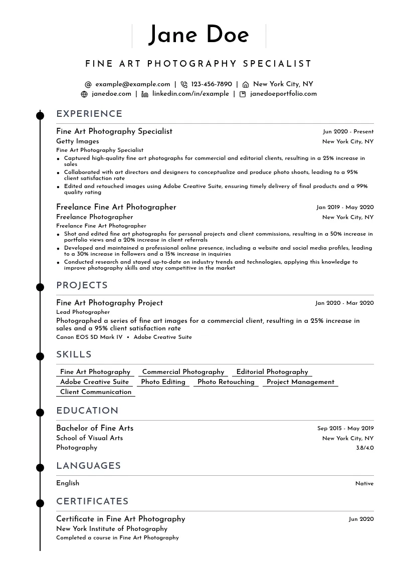 Fine Art Photography Specialist resume example