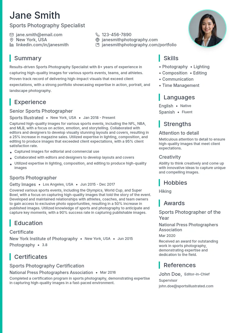 Sports Photography Specialist resume example