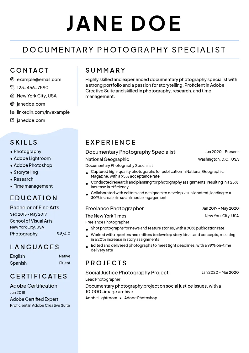Documentary Photography Specialist resume example