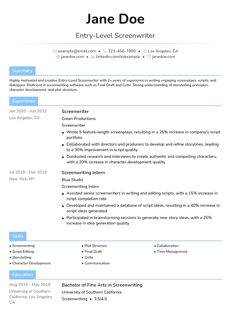 Entry-Level Screenwriter resume example