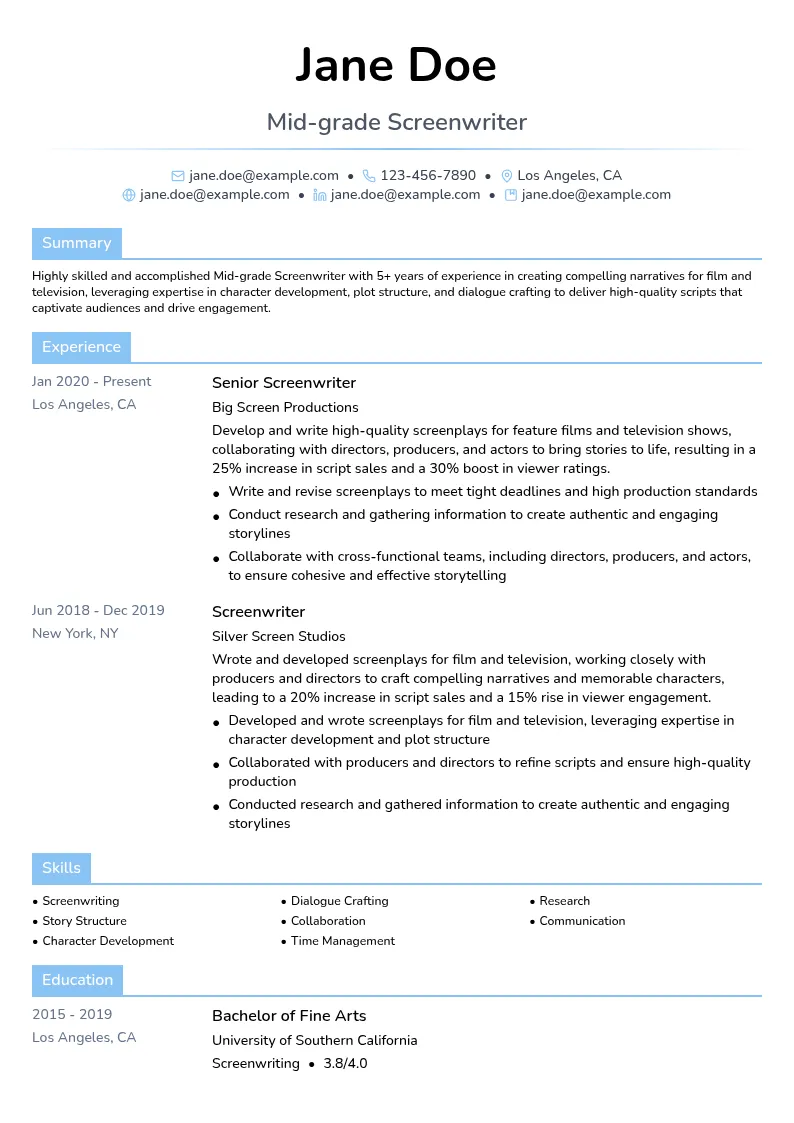 Mid-grade Screenwriter resume example