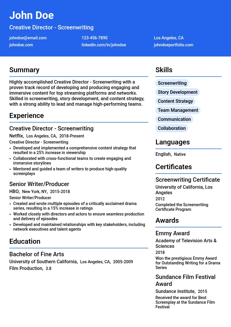 Creative Director - Screenwriting resume example
