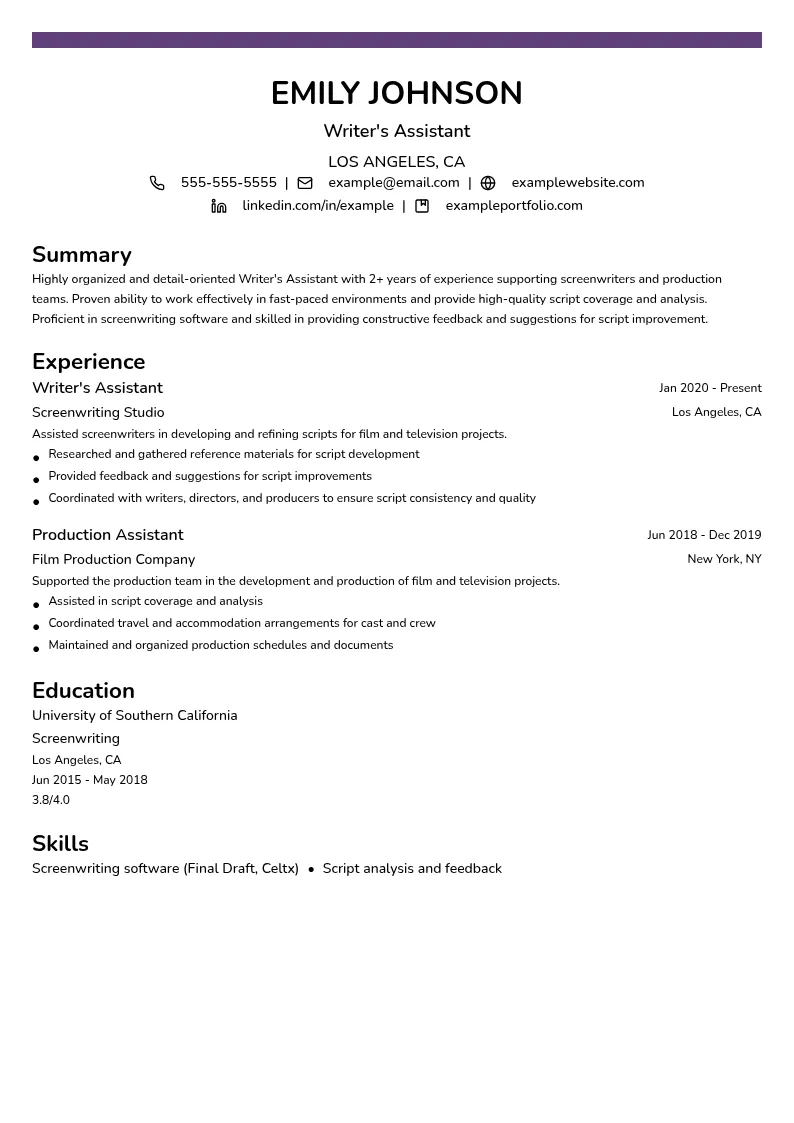 Writer's Assistant resume example