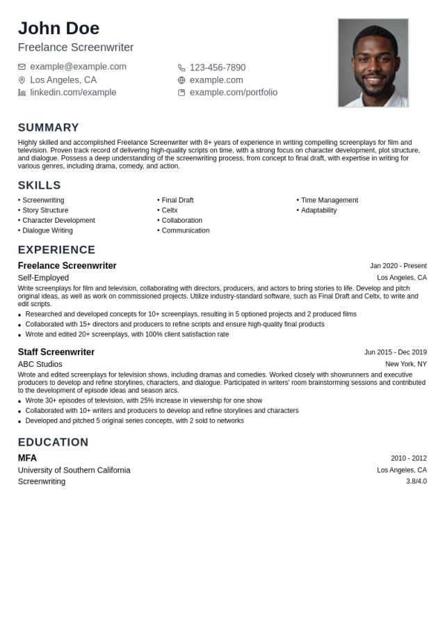 Freelance Screenwriter resume example