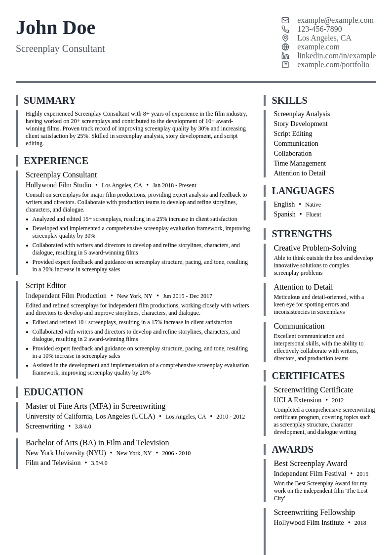 Screenplay Consultant resume example