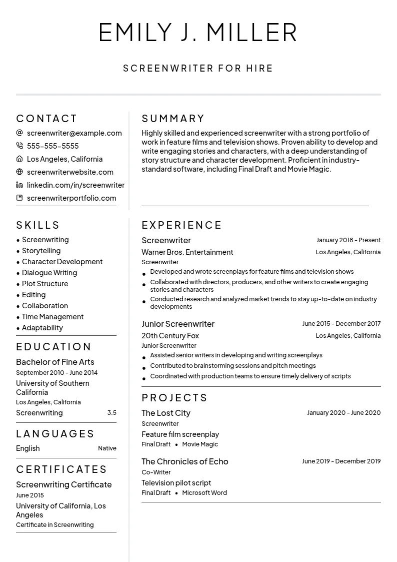 Screenwriter for Hire resume example