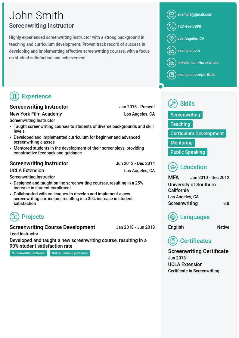 Screenwriting Instructor resume example
