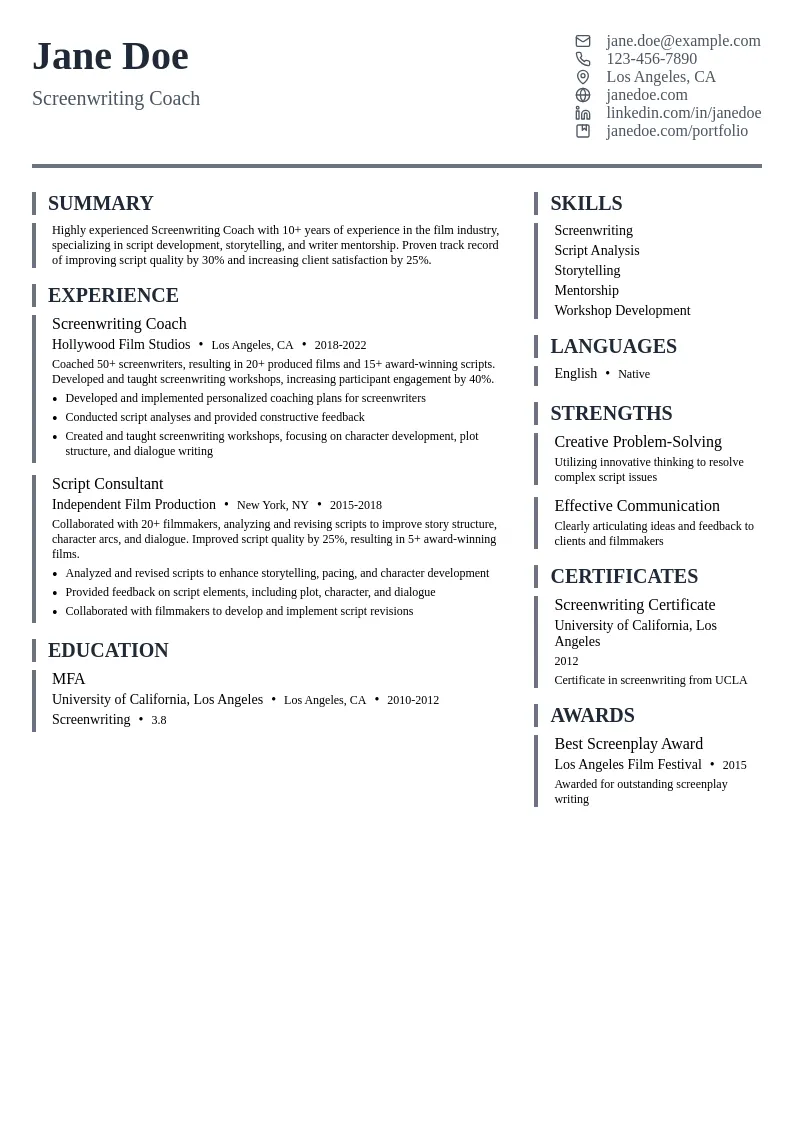 Screenwriting Coach resume example