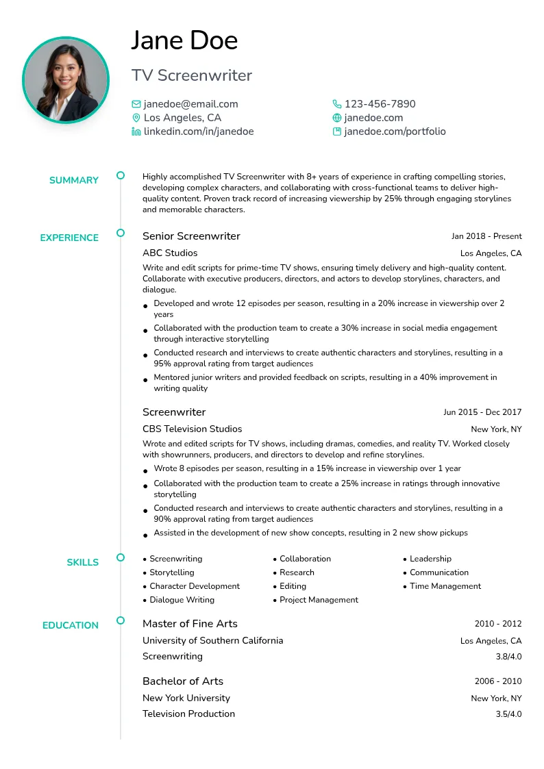TV Screenwriter resume example