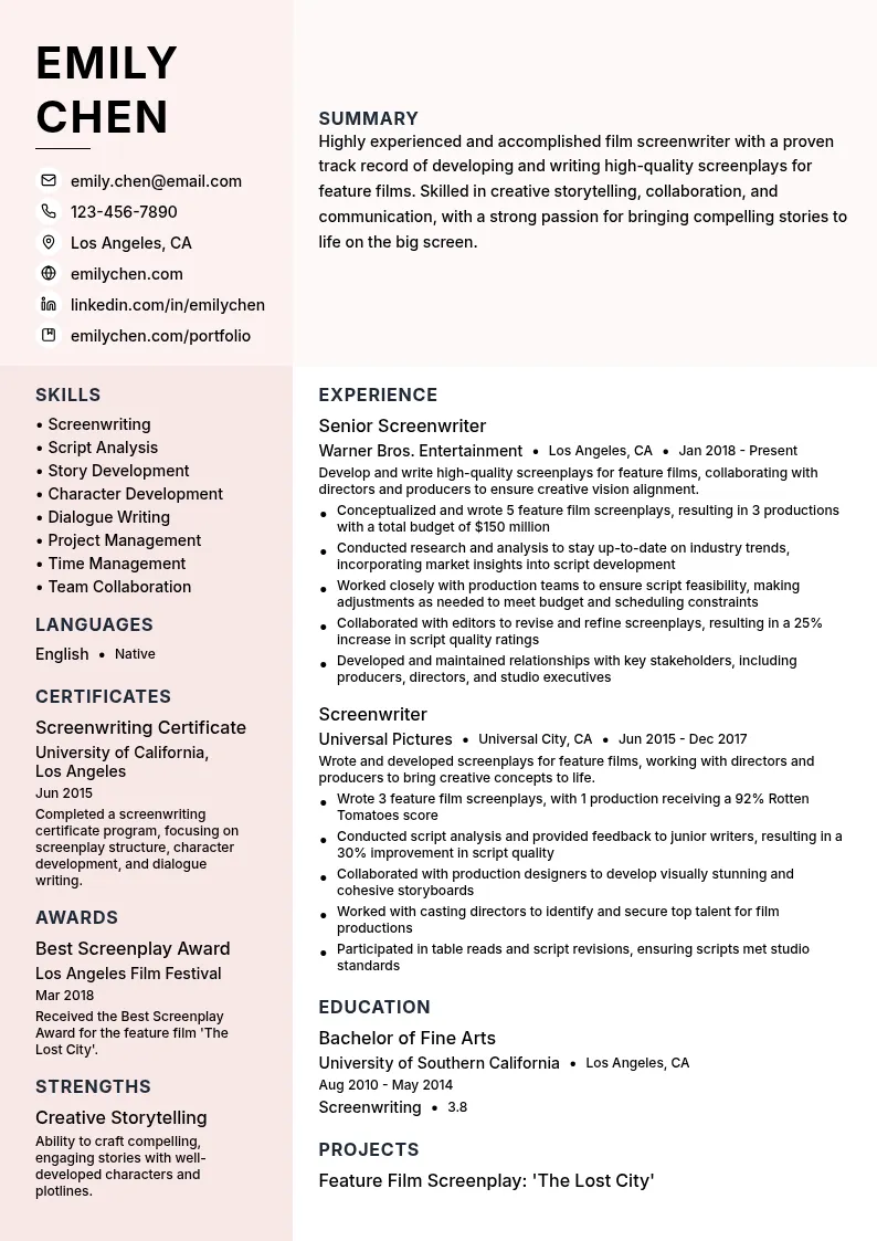 Film Screenwriter resume example