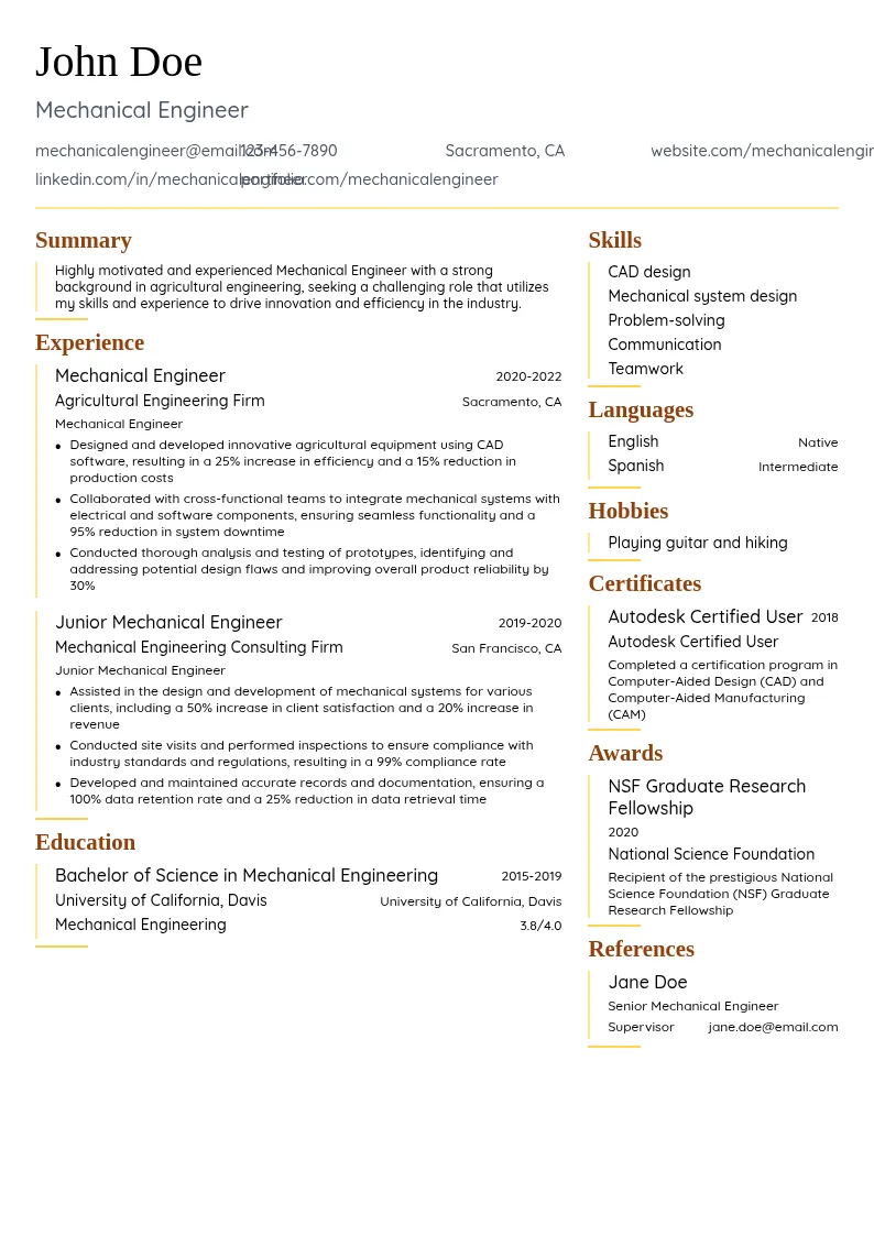 Mechanical Engineer resume example