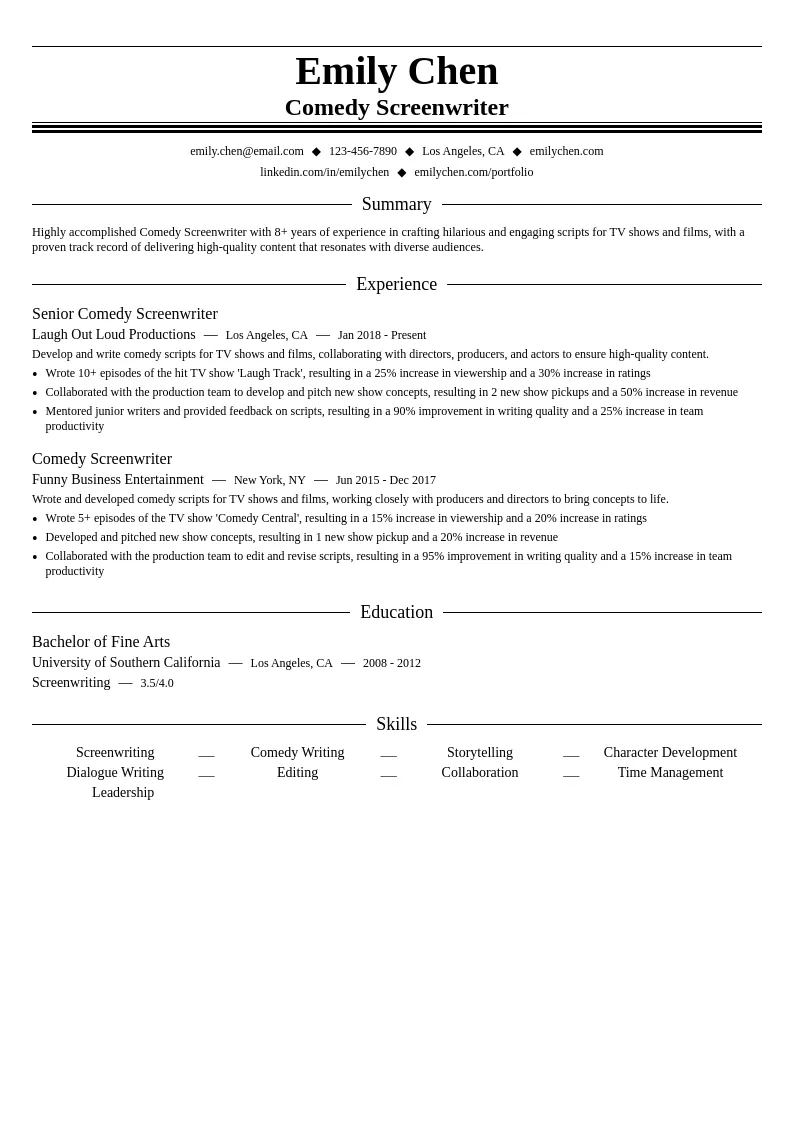 Comedy Screenwriter resume example