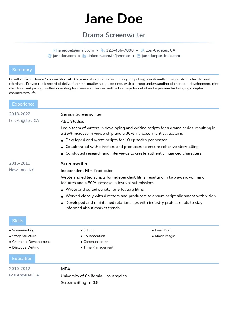 Drama Screenwriter resume example