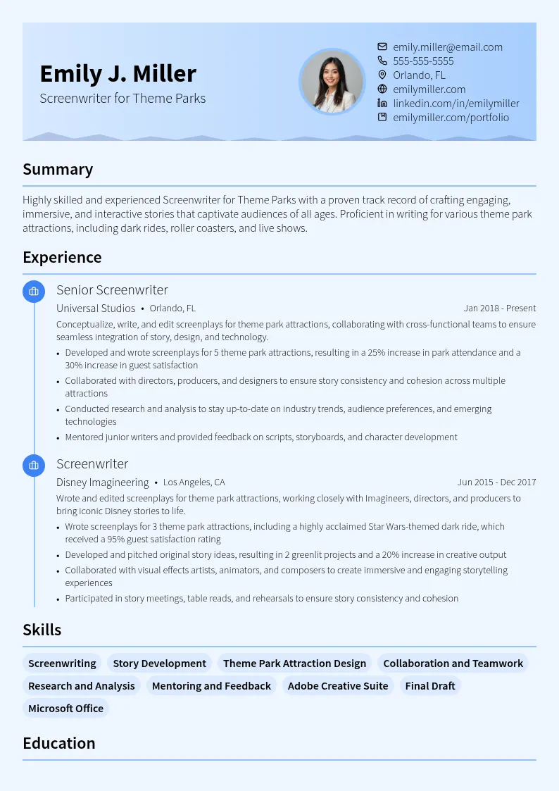 Screenwriter for Theme Parks resume example