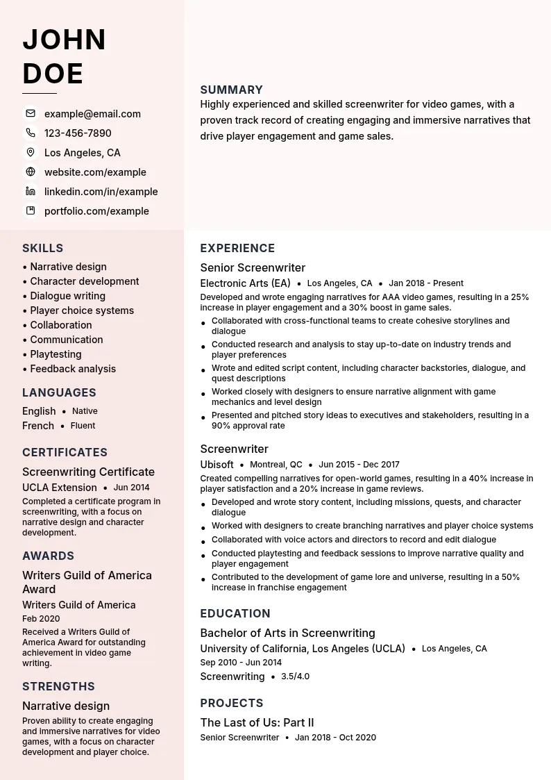 Screenwriter for Video Games resume example