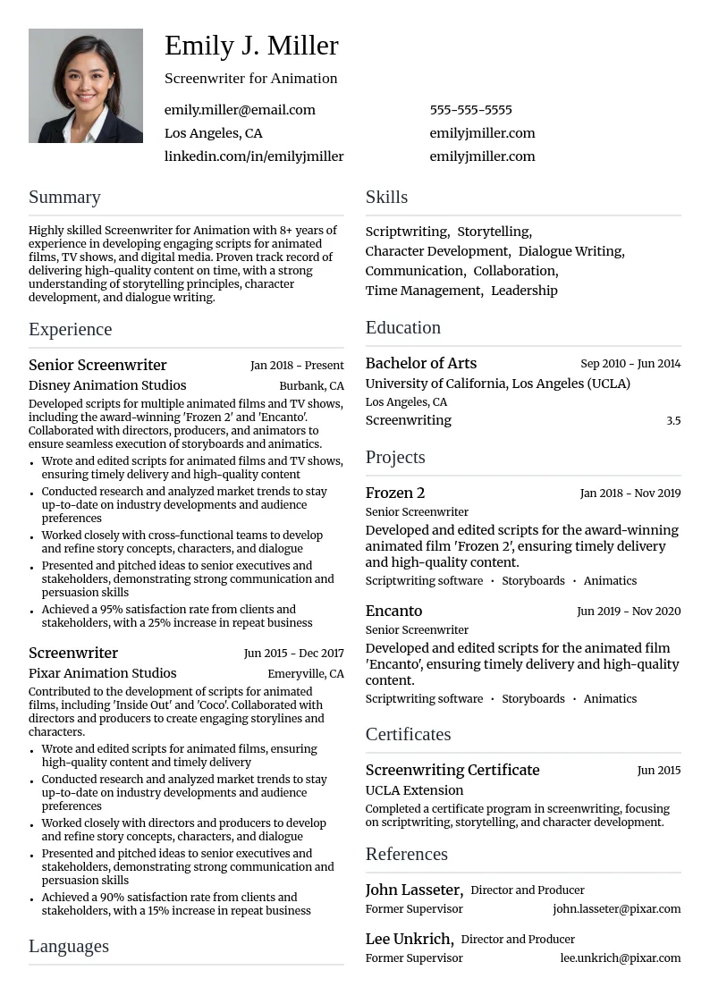 Screenwriter for Animation resume example