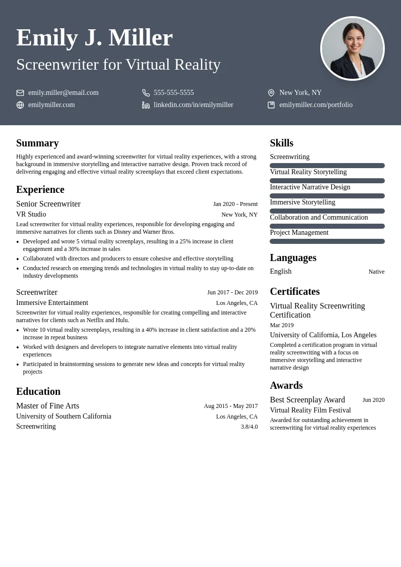 Screenwriter for Virtual Reality resume example