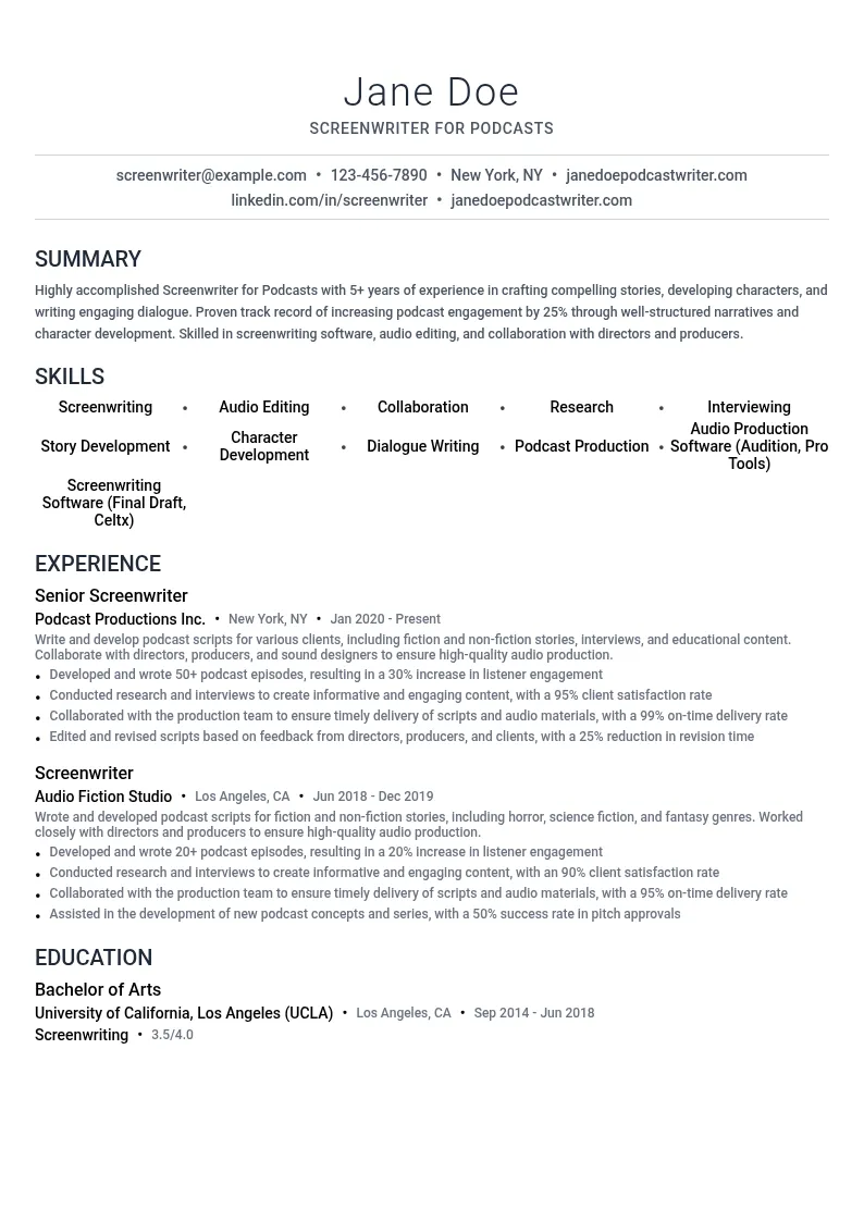 Screenwriter for Podcasts resume example