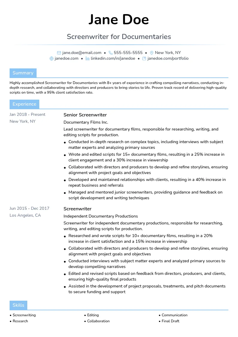 Screenwriter for Documentaries resume example