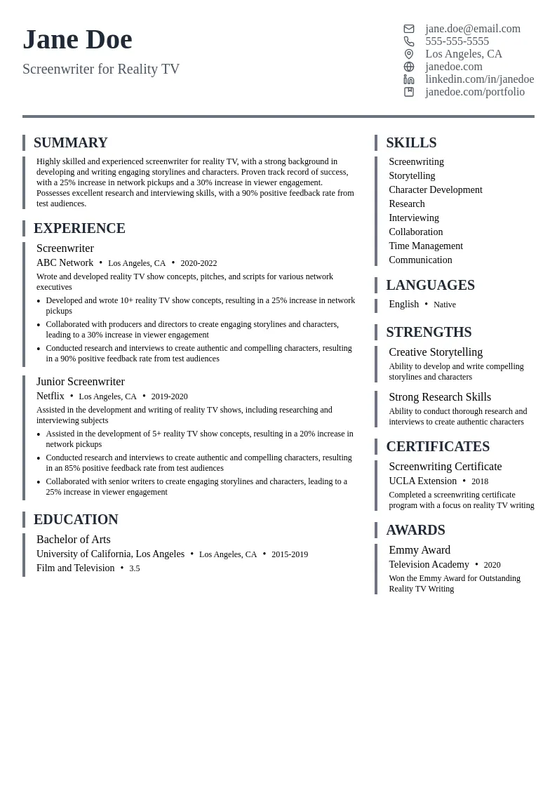 Screenwriter for Reality TV resume example
