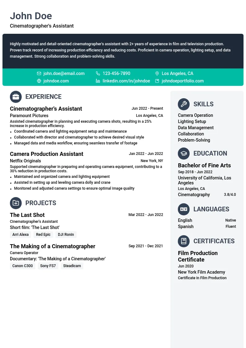 Cinematographer's Assistant resume example