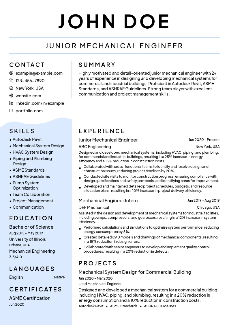 Junior Mechanical Engineer resume example