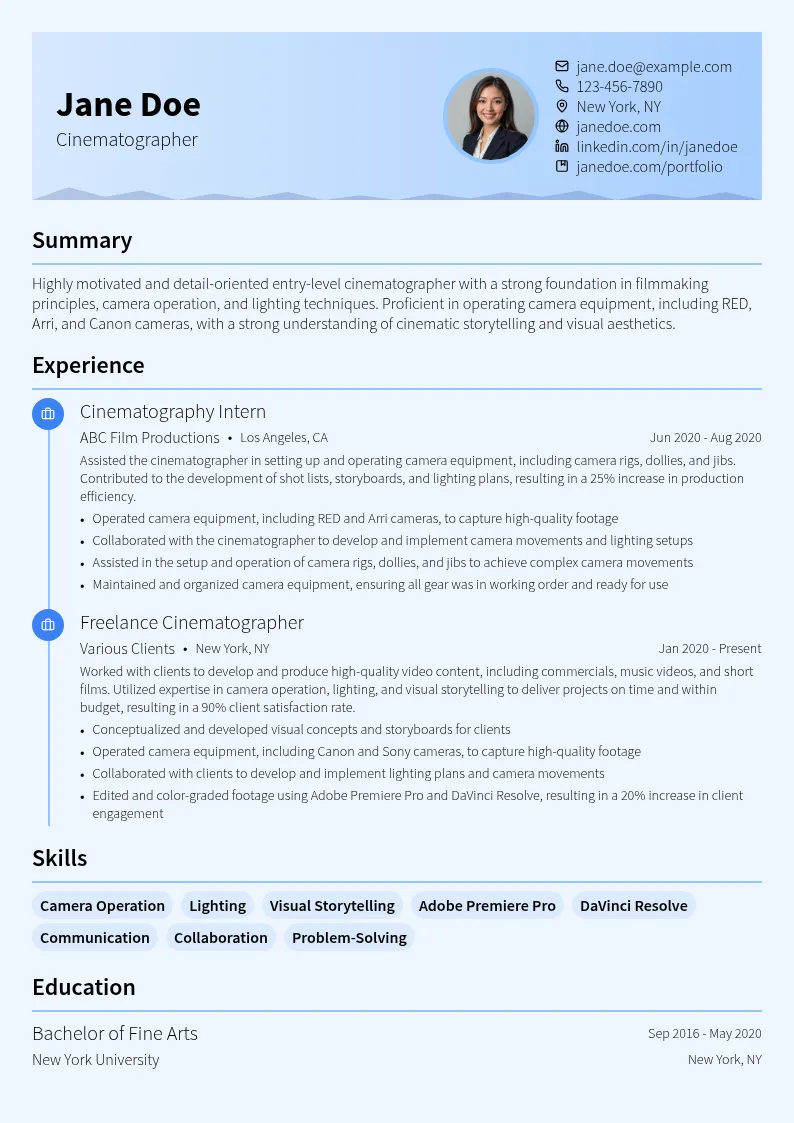 Cinematographer (Entry-Level) resume example