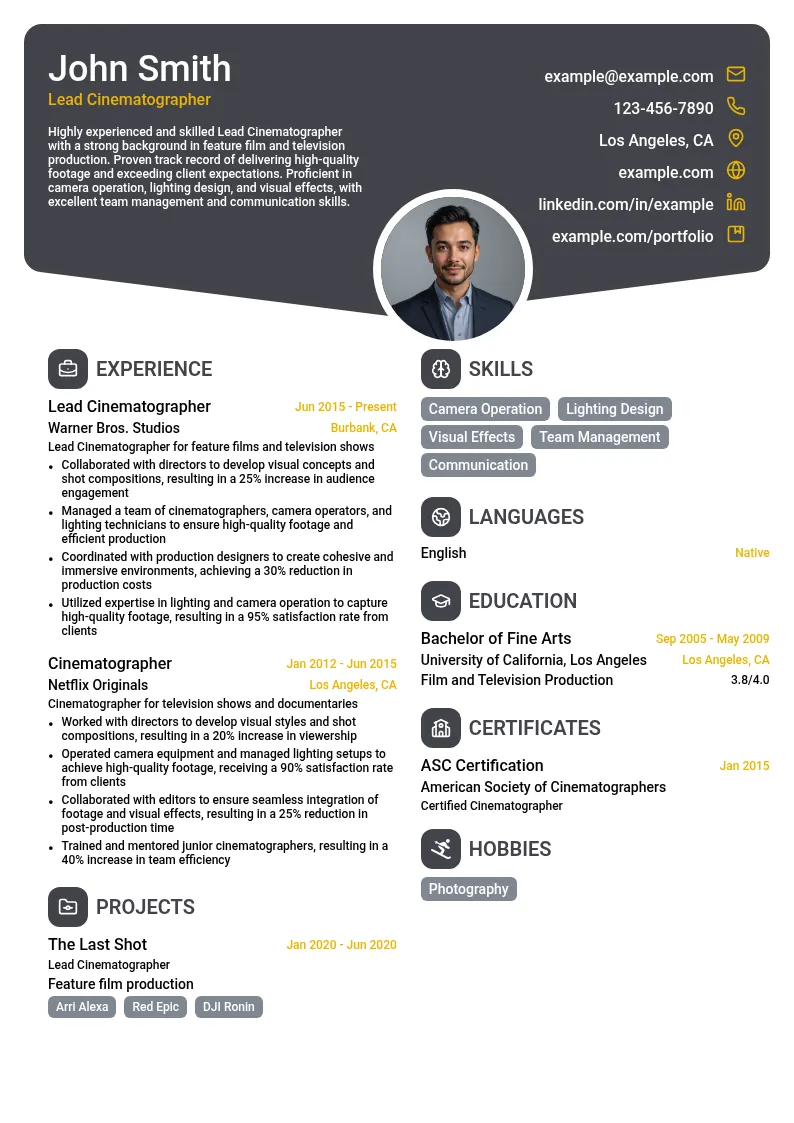Lead Cinematographer resume example
