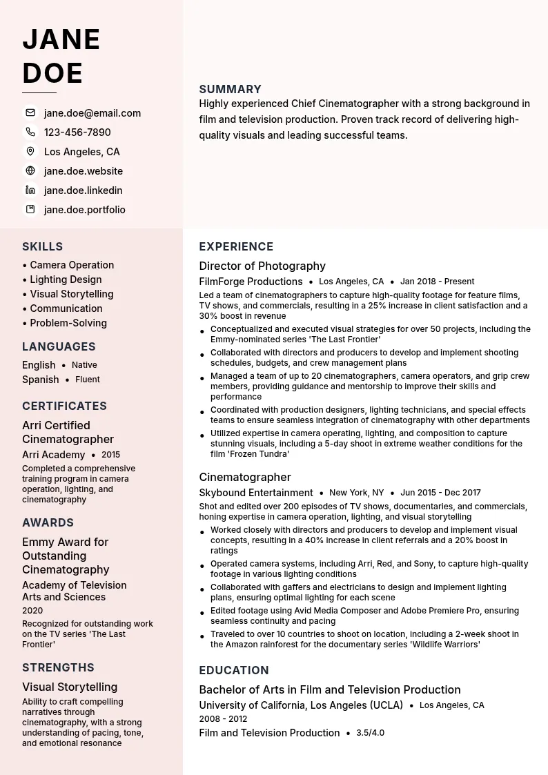 Chief Cinematographer resume example