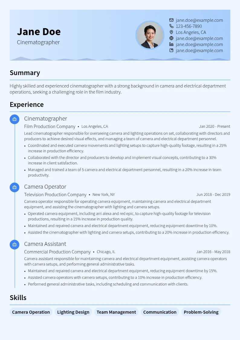 Camera and Electrical Department resume example