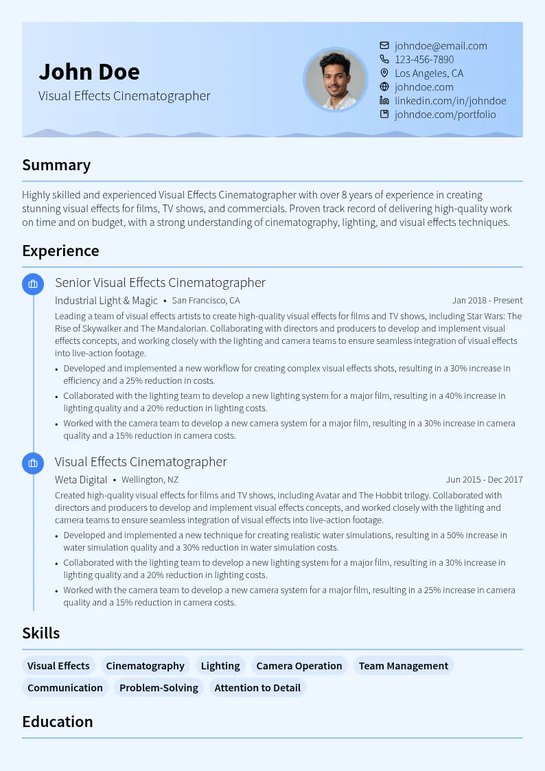 Visual Effects Cinematographer resume example