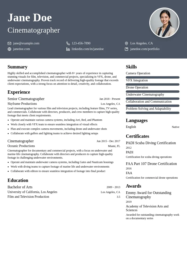 Cinematographer with Specializations in VFX, drone, and underwater resume example