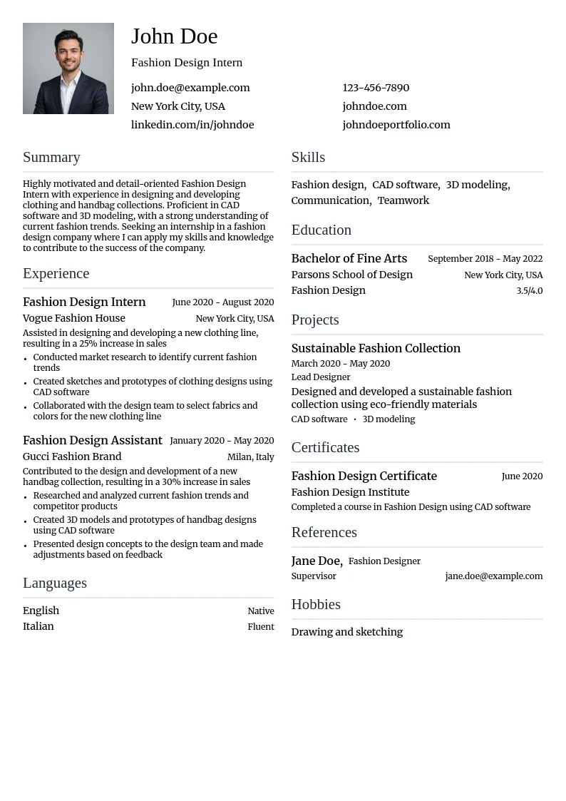 Fashion Design Intern resume example