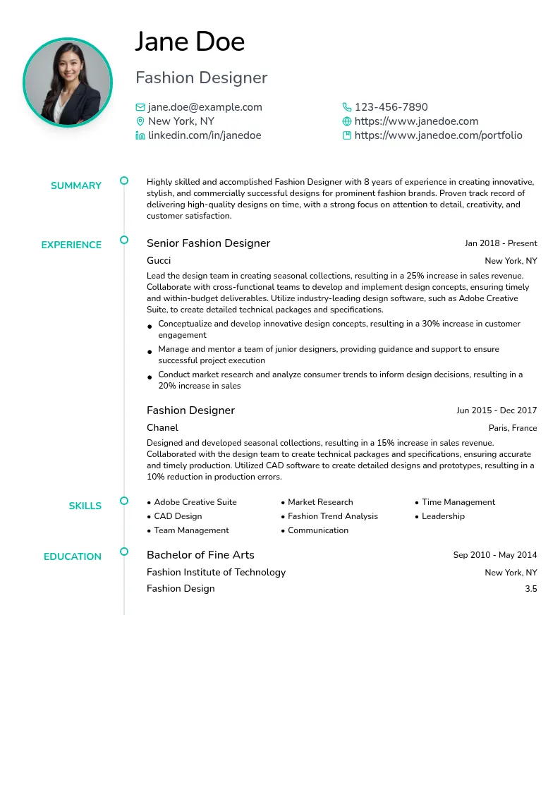 Fashion Designer resume example