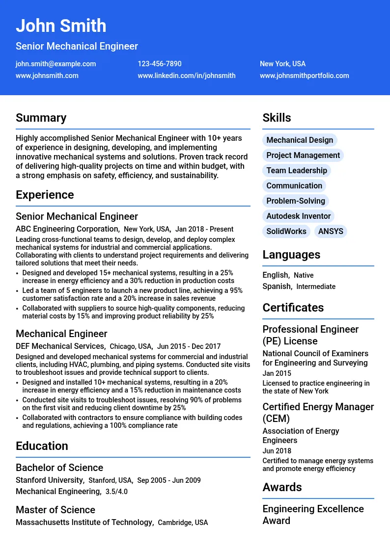 Senior Mechanical Engineer resume example