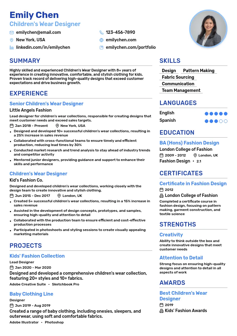 Children's Wear Designer resume example