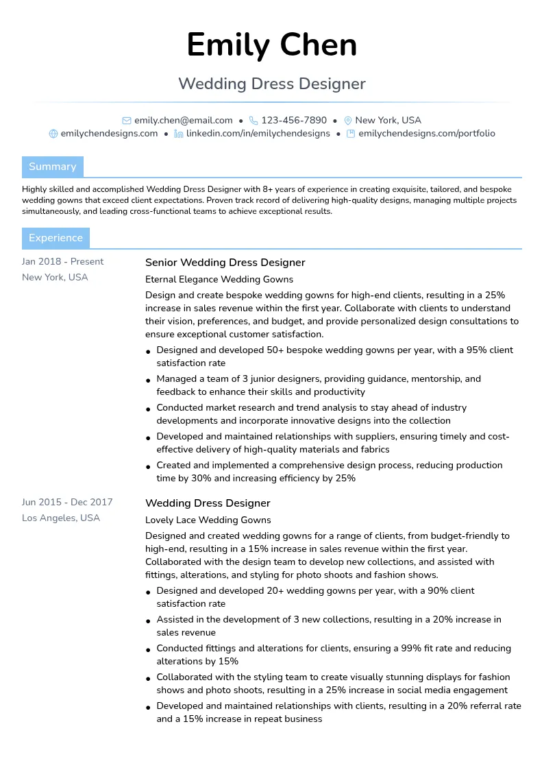 Wedding Dress Designer resume example