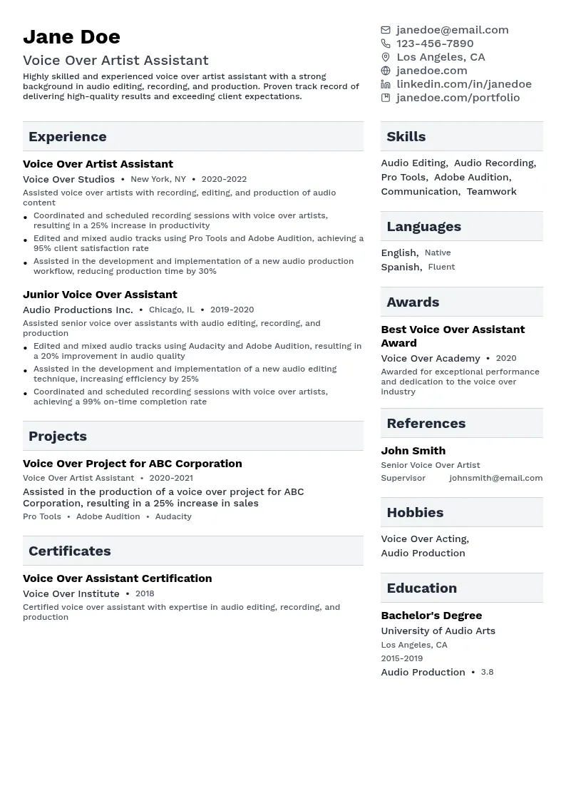 Voice Over Artist Assistant resume example