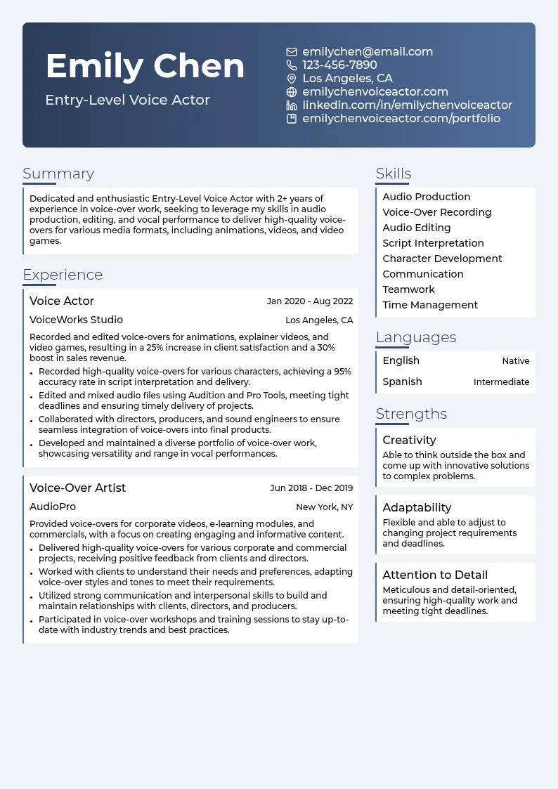Entry-Level Voice Actor resume example