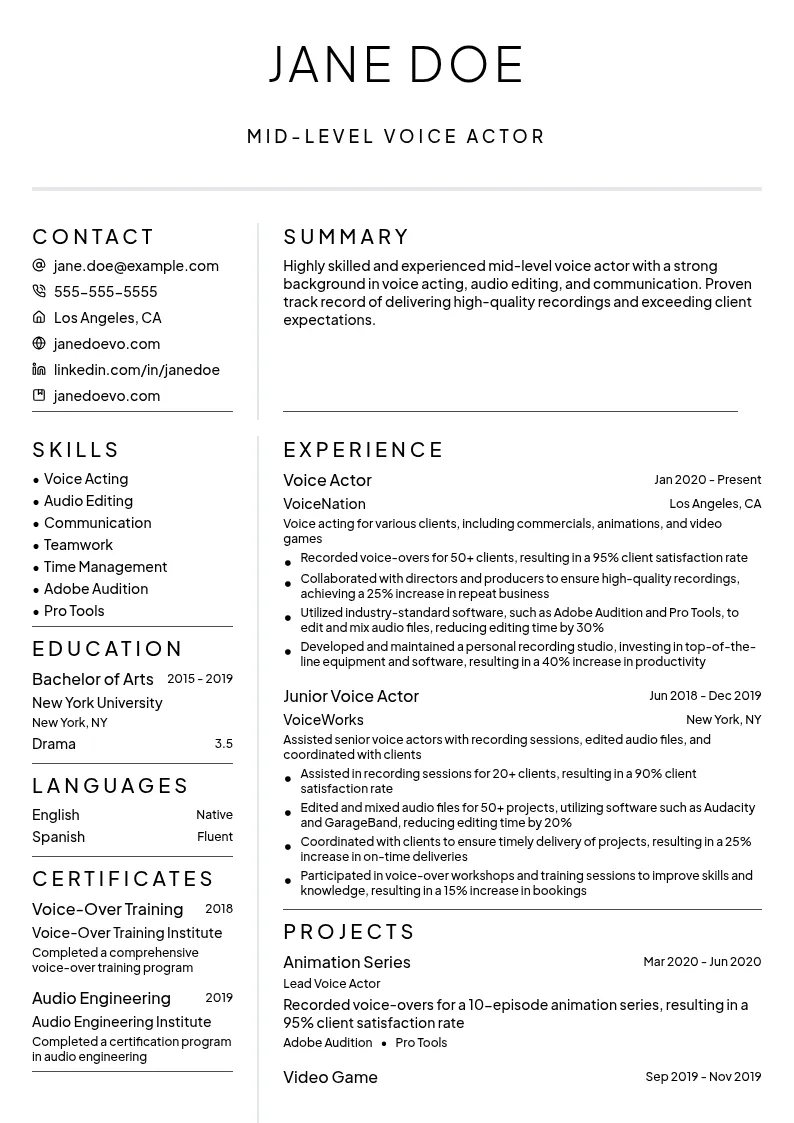 Mid-Level Voice Actor resume example