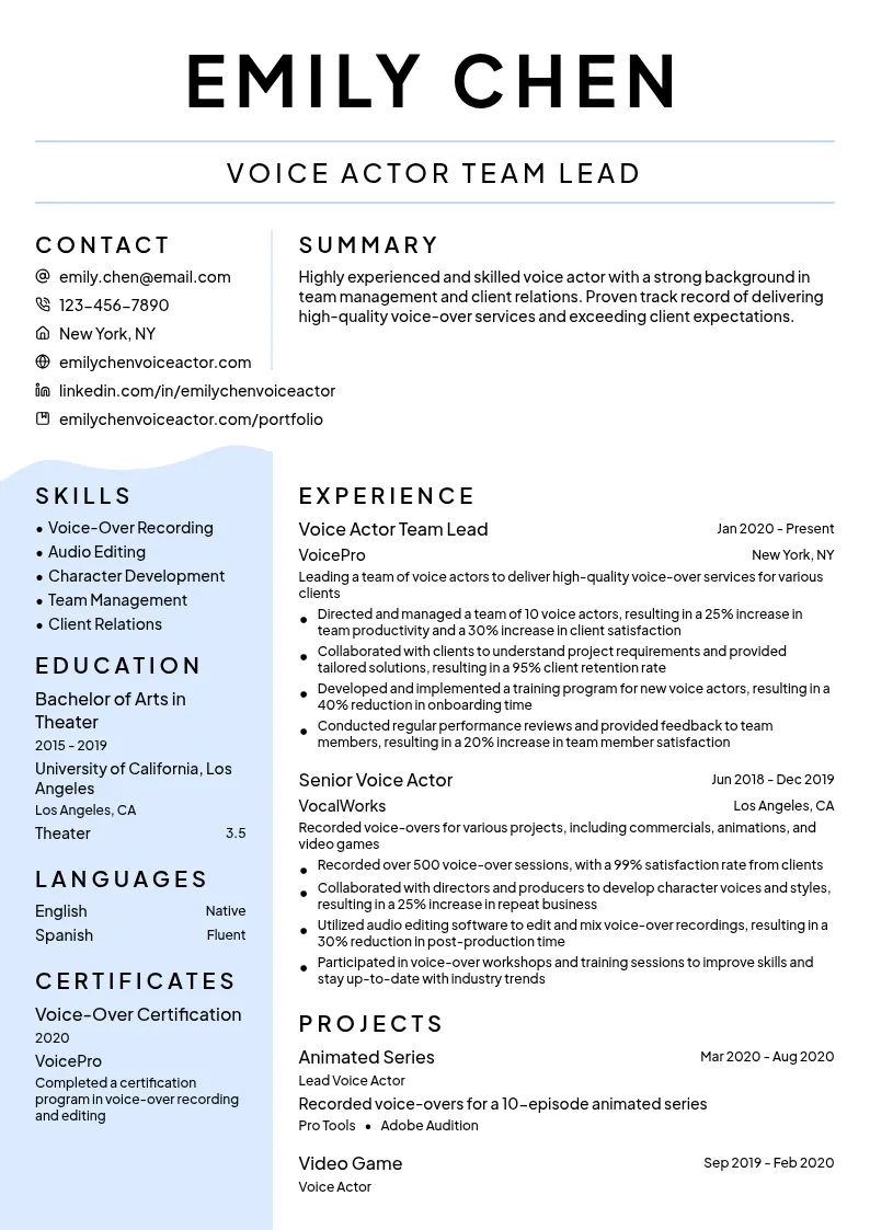 Voice Actor Team Lead resume example