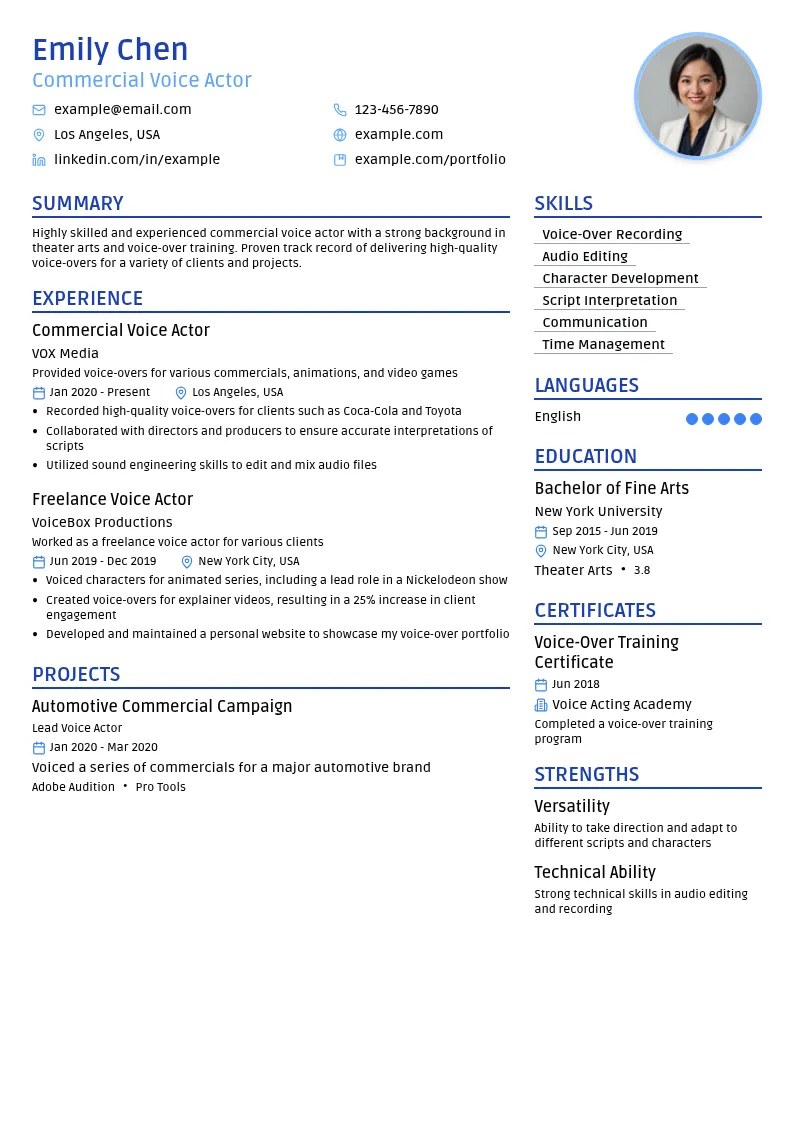 Commercial Voice Actor resume example