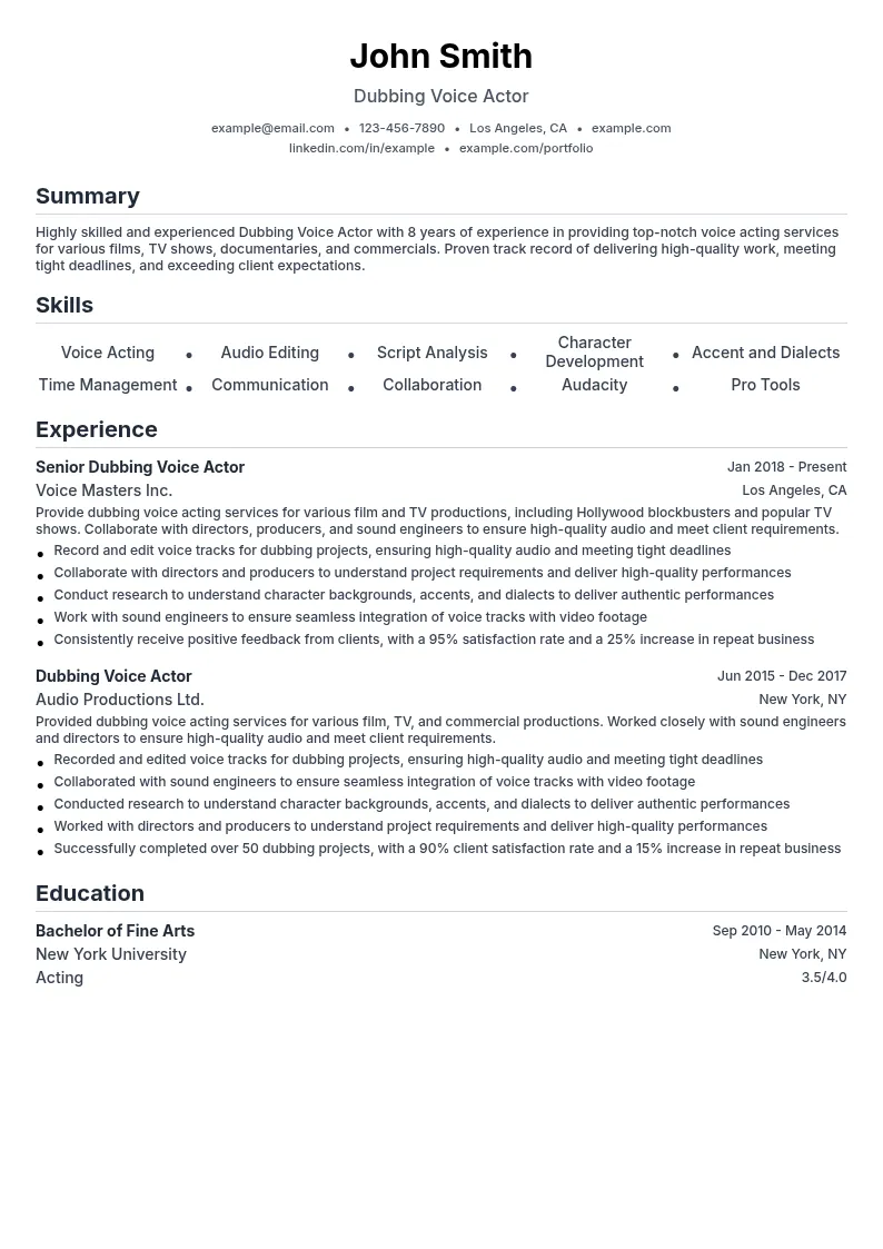 Dubbing Voice Actor resume example