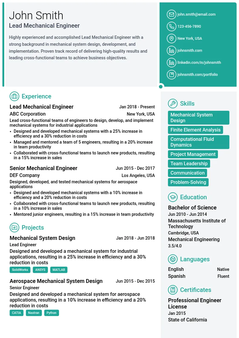 Lead Mechanical Engineer resume example