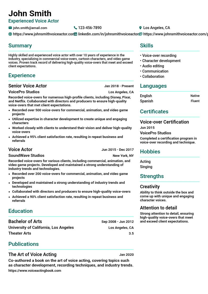 Experienced Voice Actor resume example